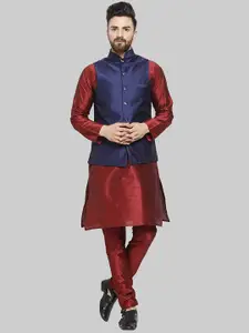 ROYAL KURTA Pure Silk Mandarin Collar Kurta With Churidar & Nehru Jacket