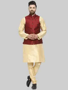 ROYAL KURTA Mandarin Collar Pure Silk Straight Kurta with Churidar And Nehru Jacket