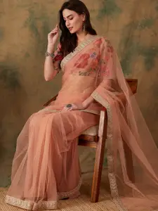 Sangria Embroidered Bordered Net Sarees
