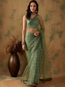 Sangria Green Sequin Embroidered Net Saree