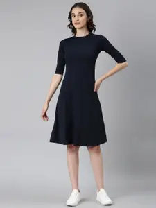 SHOWOFF Ribbed Round Neck Knitted A-Line Dress