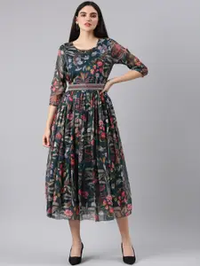SHOWOFF Floral Printed Embellished Cotton Fit & Flare Dress