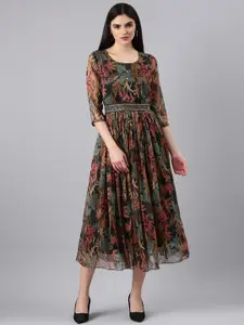 SHOWOFF Floral Printed Chiffon Fit & Flare Belted Midi Dress