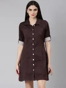 SHOWOFF Roll-Up Collar Denim Shirt Dress