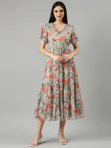 SHOWOFF Floral Printed Cotton Flared Sleeves Midi Fit & Flare Dress