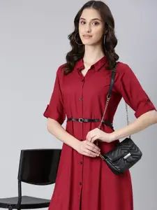 SHOWOFF Shirt Collar Roll-Up Sleeves Shirt Midi Dress With Belted