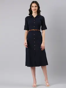 SHOWOFF Roll Up Sleeves Belted Corduroy Shirt Style Midi Dress