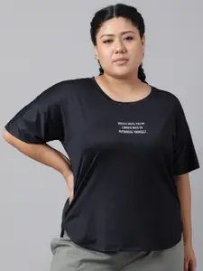 MKH Plus Size Typography Printed Dri-FIT Relaxed Fit Drop-Shoulder Sleeves Sports T-shirt