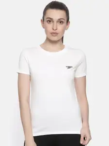 Speedo Women White Solid Round Neck Pure Cotton T-shirt