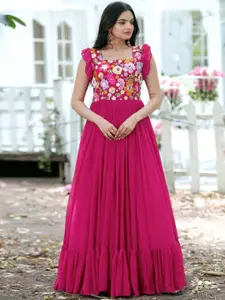 Fusionic Floral Embroidered Square Neck Georgette Ruffles Ethnic Gown