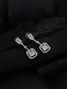 Mirana Rhodium-Plated American Diamond Studded Square Drop Earrings