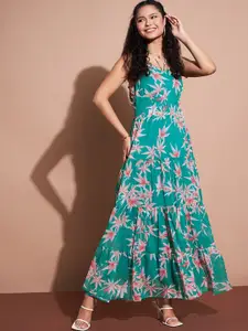 DressBerry Green Floral Printed Shoulder Straps Maxi Dress