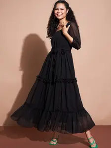 DressBerry Self Design Square Neck Ruffled Puff Sleeves Belted Maxi Fit & Flare Dress