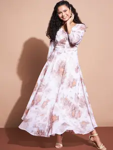 DressBerry White Tie and Dye Dyed V-Neck Fit and Flare Maxi Dress