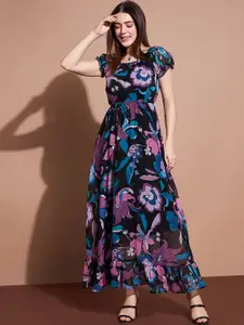 DressBerry Floral Printed Puff Sleeve Fit & Flare Maxi Dress