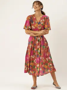 MISRI Floral Print Flared Sleeve Midi Dress