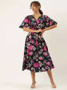 MISRI Floral Print Flared Sleeve Cotton Midi Dress