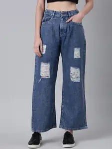 SHOWOFF Women Wide Leg Mildly Distressed Acid Wash Jeans