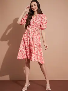 DressBerry Floral Printed Puffed Sleeves Fit & Flare Dress