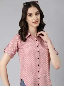 SHOWOFF Slim Fit Opaque Polka Dot Printed Roll-Up Sleeves Crepe Casual Shirt
