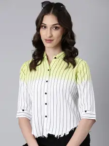 SHOWOFF Vertical Striped Opaque High-Low Cotton Casual Shirt