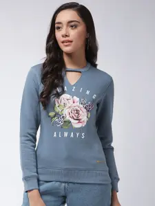 Modeve Floral Printed Cut Work Pullover Sweatshirt