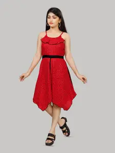 R K MANIYAR Girls Polka Dot Printed Shoulder Strap A-Line Midi Dress