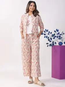 JISORA Printed Pure Cotton Top With Trousers & Shrug