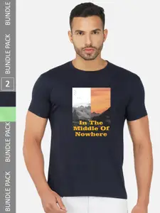 CHOZI Pack Of 2 Printed Round Neck Cotton T-Shirt