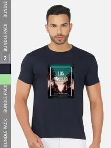 CHOZI Pack Of 2 Graphic Printed Round Neck Cotton T-shirts