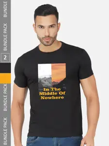 CHOZI Pack Of 2 Graphic Printed Round Neck Cotton T-shirts