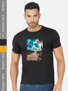 CHOZI Pack Of 2 Printed Round Neck Cotton T-shirts