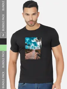 CHOZI Pack Of 2 Printed Round Neck Cotton Regular T-shirt