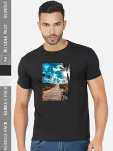 CHOZI Pack Of 2 Graphic Printed Round Neck Cotton T-shirt