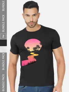 CHOZI Pack Of 2 Printed Round Neck Cotton T-Shirt