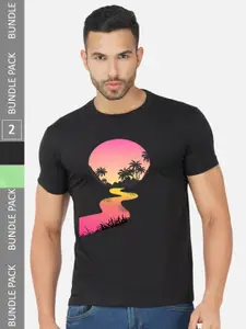 CHOZI Pack Of 2 Printed Round Neck Cotton T-Shirt