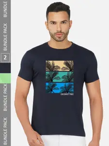 CHOZI Pack Of 2 Graphic Printed Round Neck Cotton T-shirt