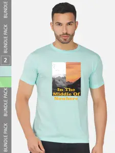 CHOZI Pack Of 2 Graphic Printed Round Neck Cotton T-shirt