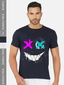 CHOZI Pack Of 2 Printed Round Neck Cotton Regular T-shirt