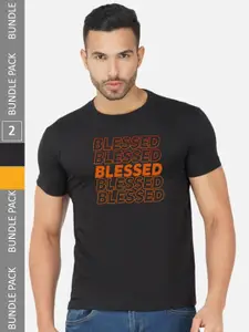 CHOZI Pack Of 2 Typography Printed Round Neck Cotton T-shirt