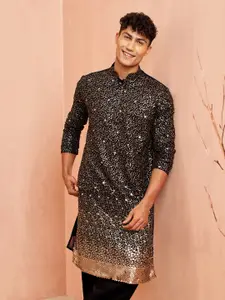 VASTRAMAY Embellished Mandarin Collar Sequinned Georgette Kurta