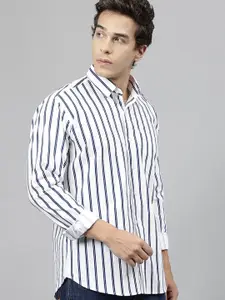 Hancock Standard Slim Fit Striped Printed Spread Collar Long Sleeve Cotton Casual Shirt