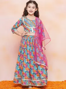 Aj DEZInES Girls Bandhani Printed Ready to Wear Cotton Lehenga & Blouse With Dupatta