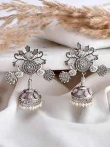 DASTOOR Silver-Plated Oxidised Contemporary Jhumkas