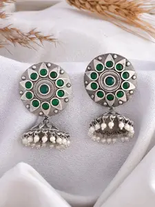 DASTOOR Silver-Plated Oxidised Contemporary Jhumkas