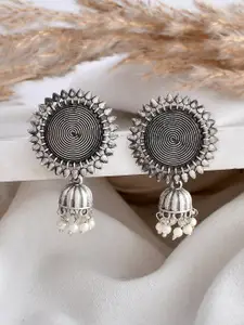 DASTOOR Silver-Plated Oxidised Contemporary Jhumkas