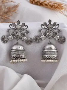 DASTOOR Silver-Plated Oxidised Contemporary Jhumkas