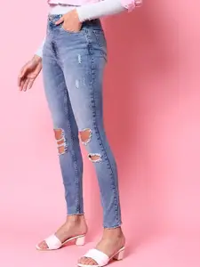 Freehand Women Blue Slim Fit Highly Distressed Light Fade Stretchable Cropped Jeans