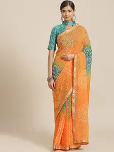 Mitera Orange & Green Bandhani Printed Embroidered Pure Georgette Saree
