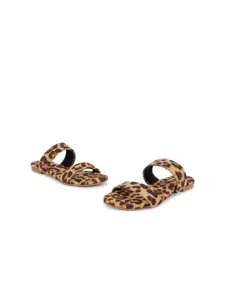 stylzrepublic Leopard Print Suede Double Strap Open Toe Flats